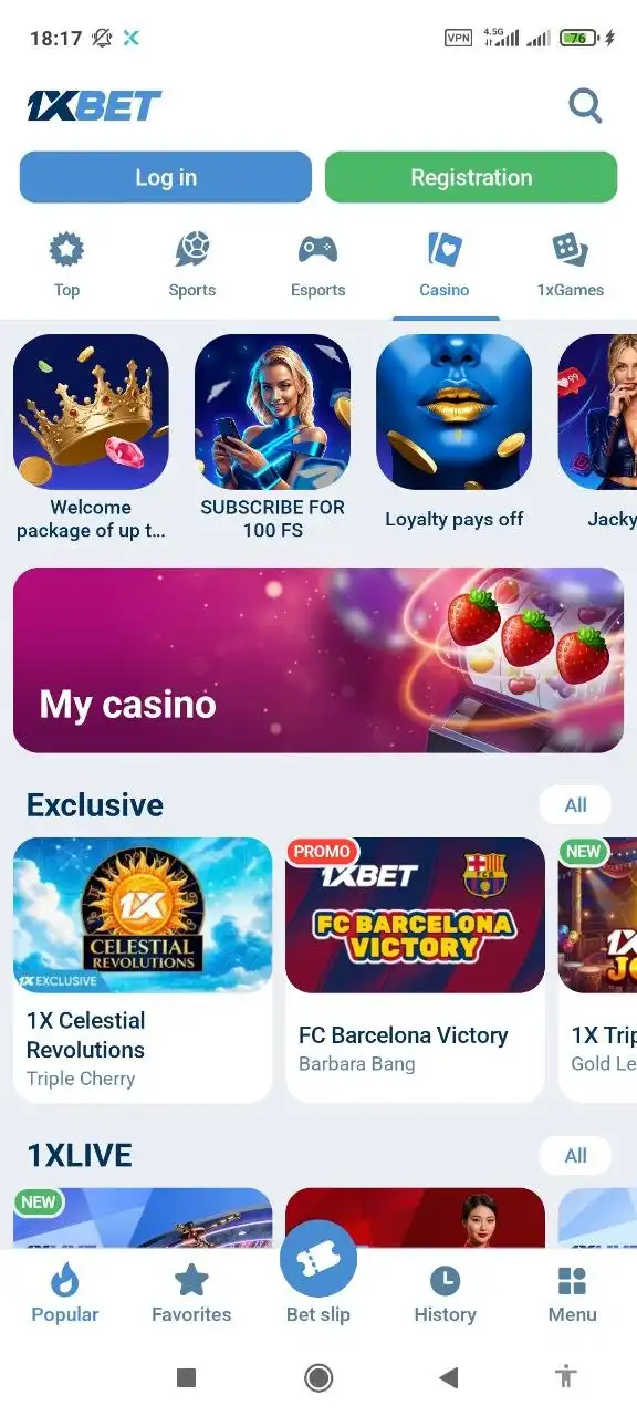 1xBet odds and bet slip interface