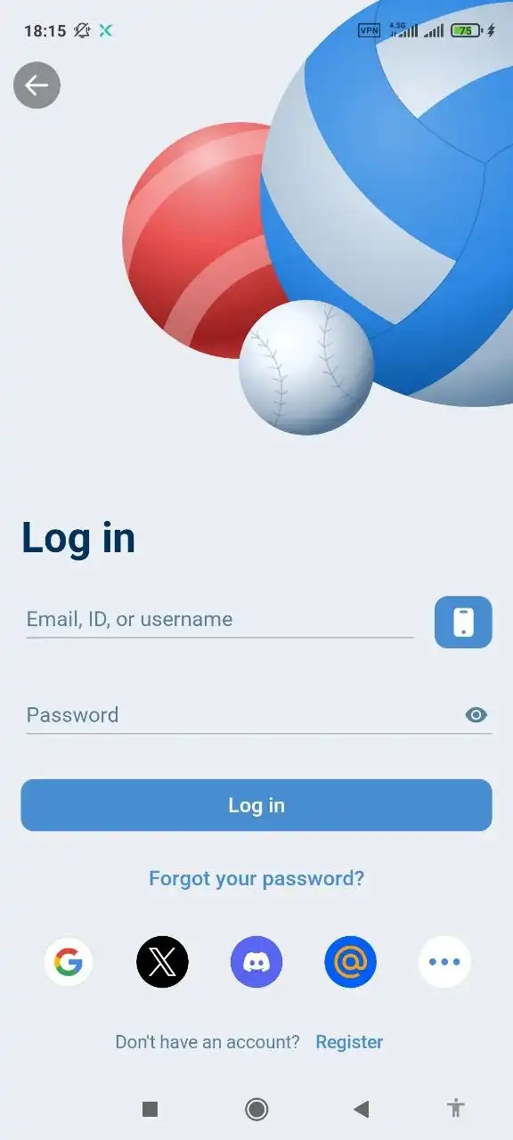 1xBet app login screen